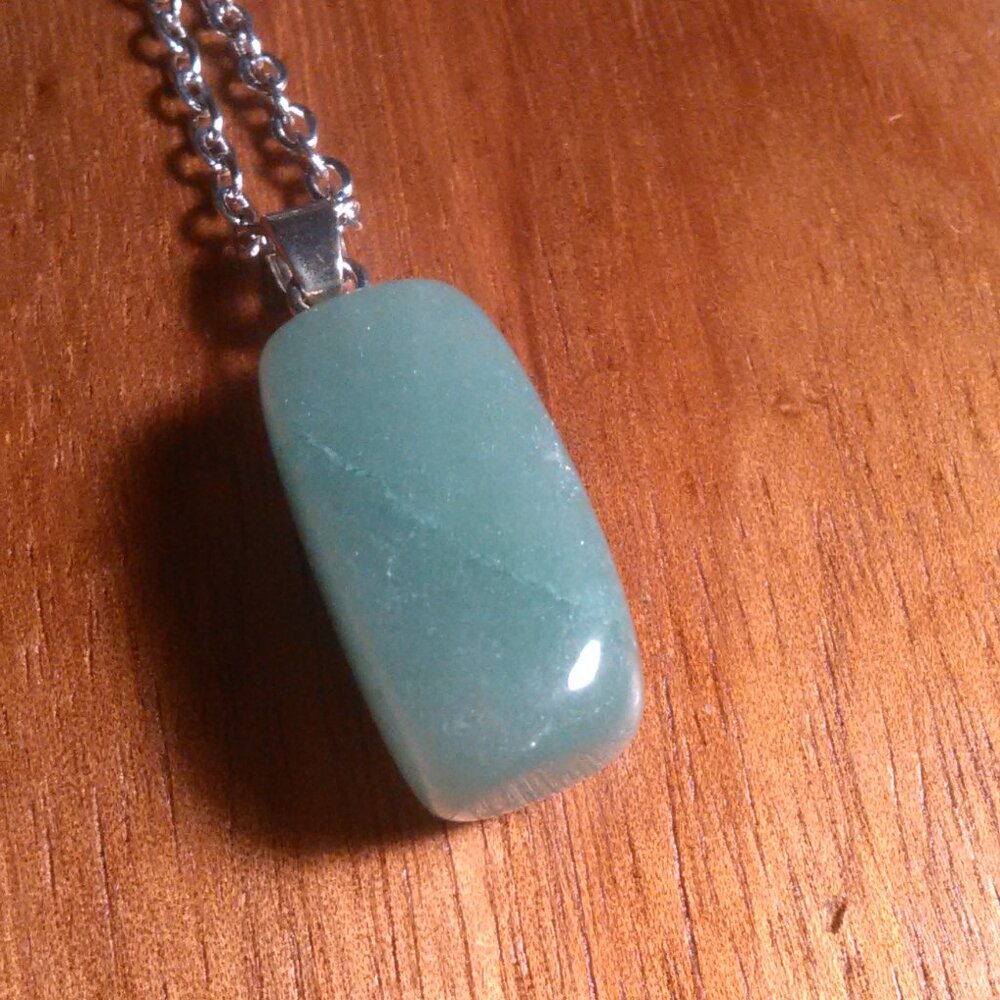 Green Aventurine Silvertone Brass Pendant Stainless Steel Necklace